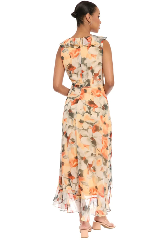 London Times Floral Ruffle V-Neck High-Low Midi Dress