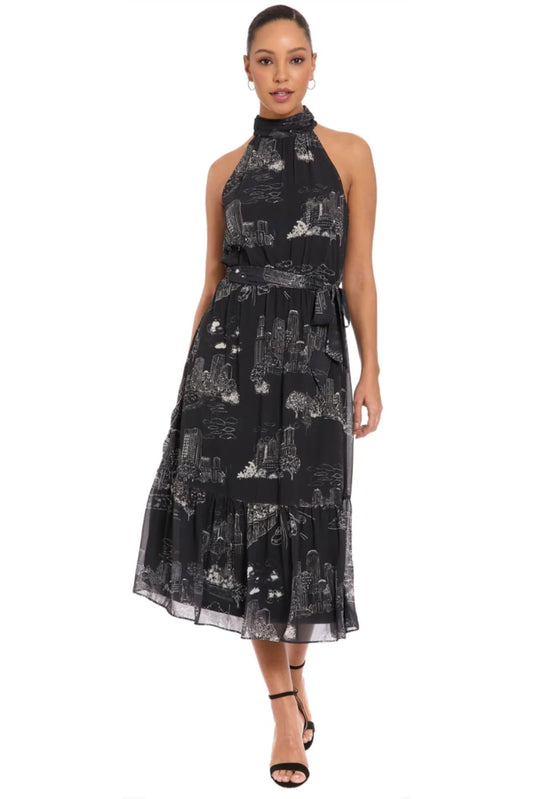 London Times Elina Printed Toile Halter Ruffle Midi Dress