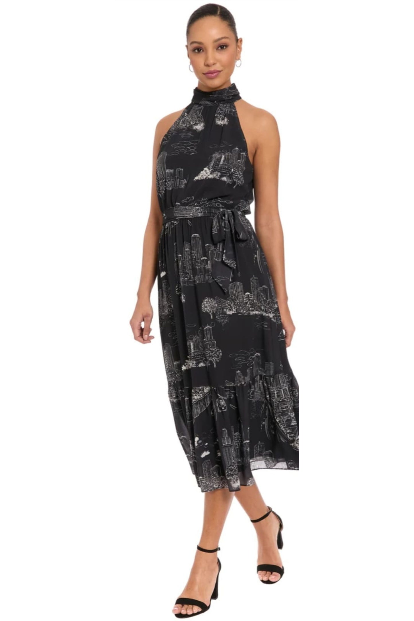 London Times Elina Printed Toile Halter Ruffle Midi Dress