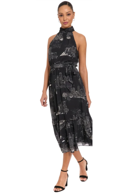 London Times Elina Printed Toile Halter Ruffle Midi Dress