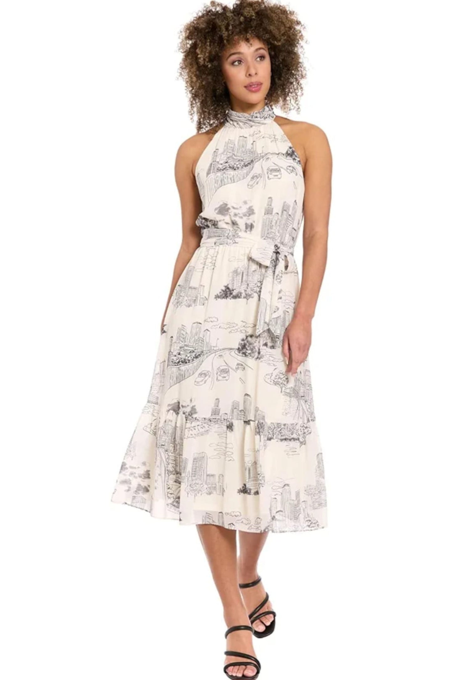London Times Elina Printed Toile Halter Ruffle Midi Dress