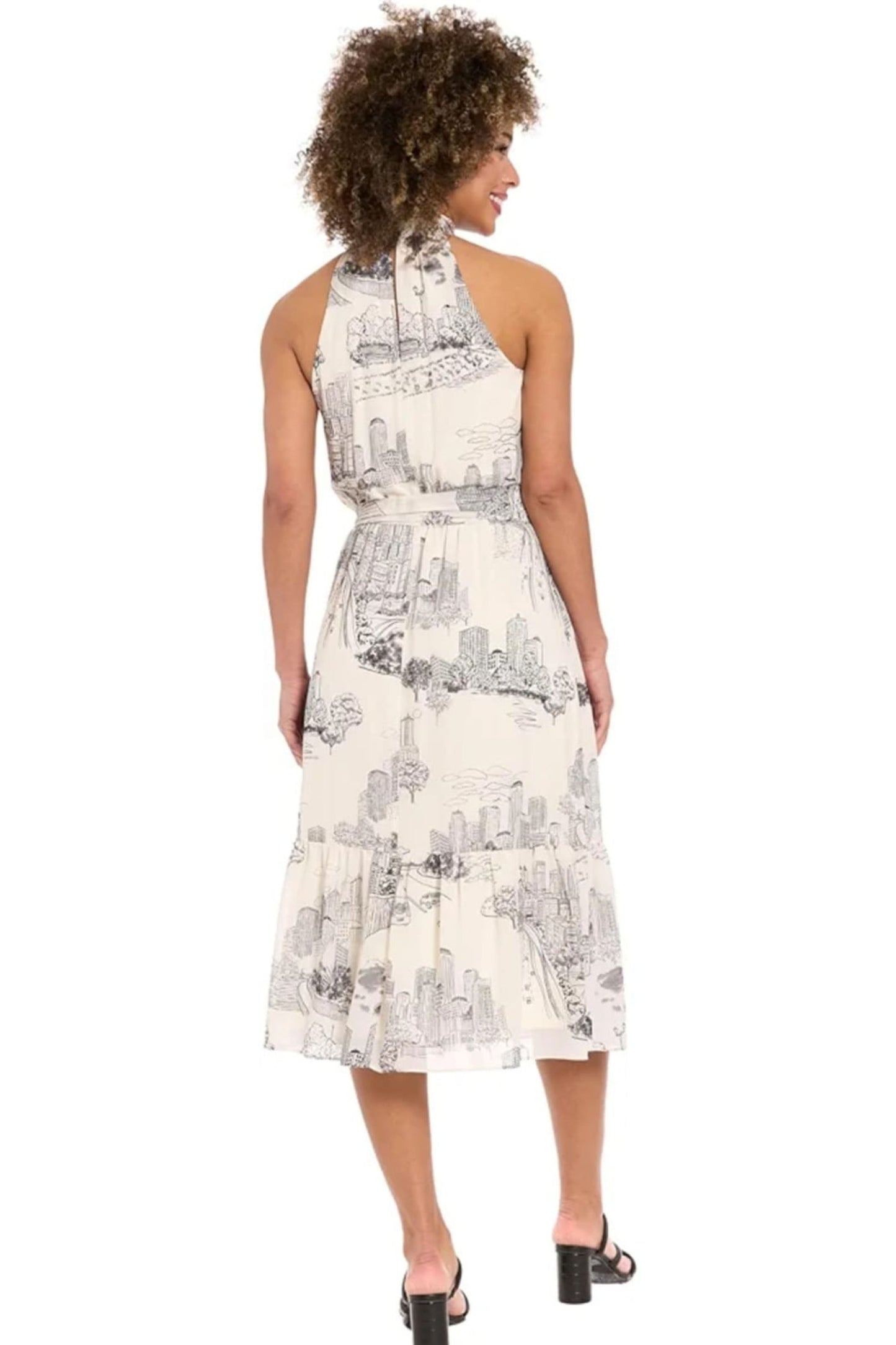 London Times Elina Printed Toile Halter Ruffle Midi Dress
