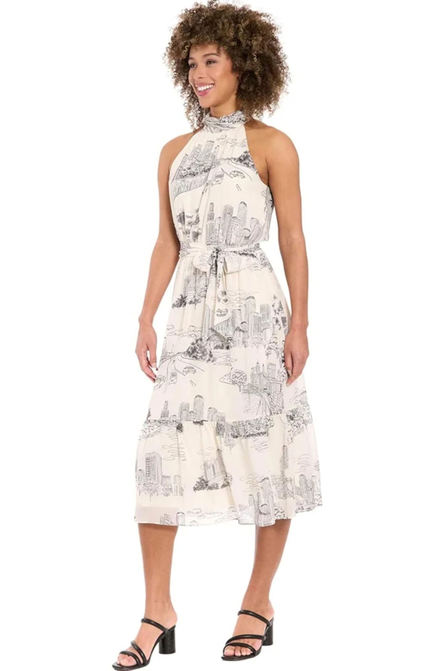 London Times Elina Printed Toile Halter Ruffle Midi Dress
