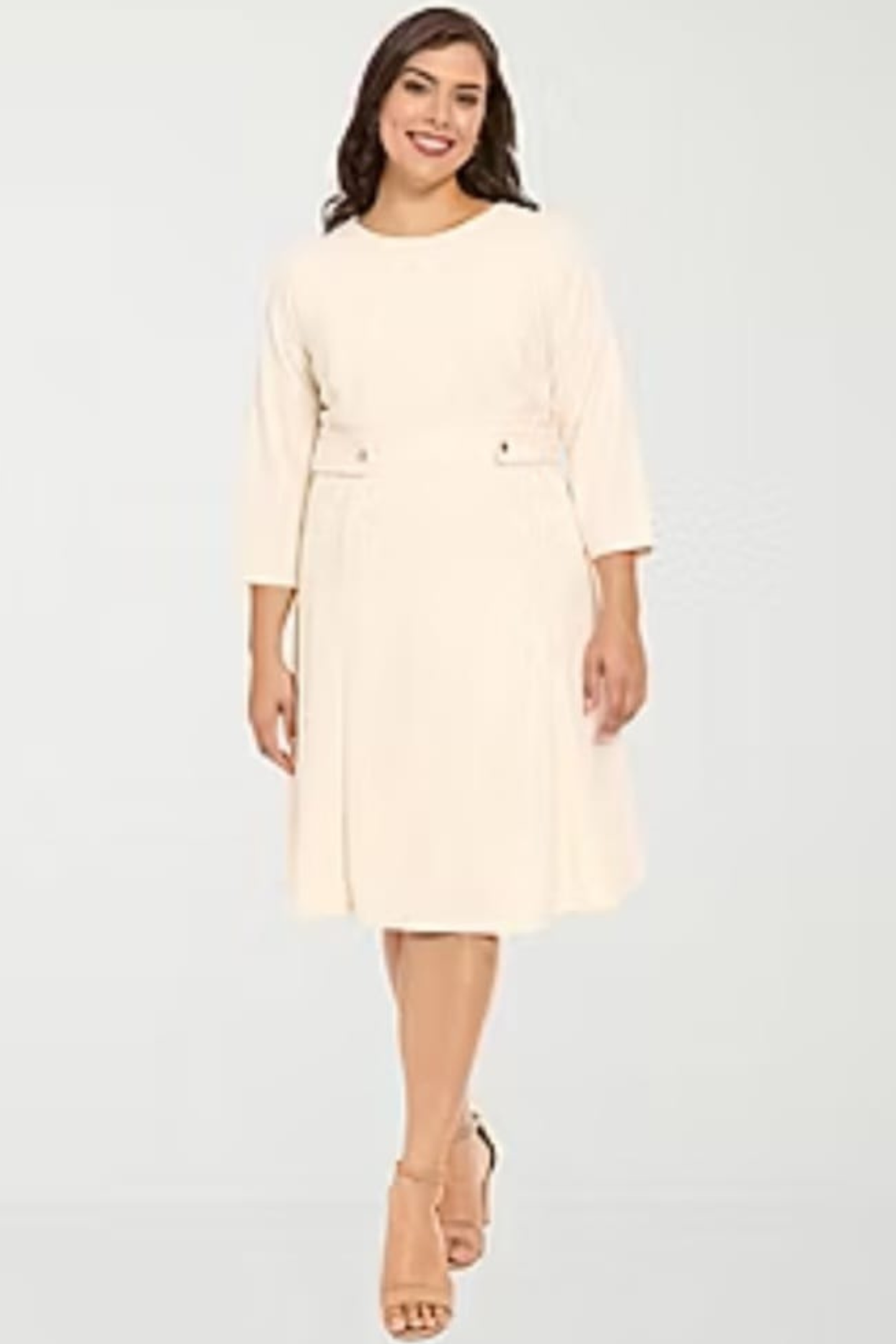 London Times Sugar Ivory 3/4 Sleeve A-Line Midi Dress