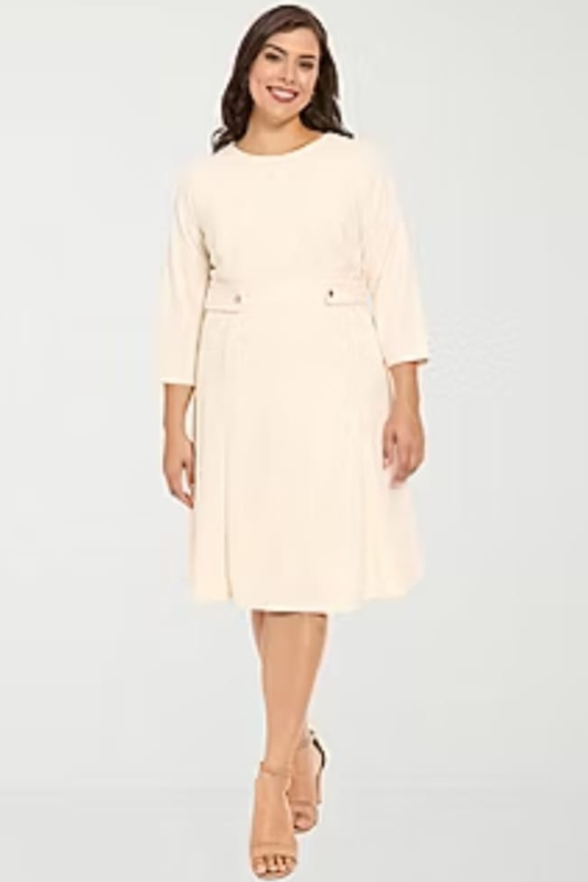 London Times Sugar Ivory 3/4 Sleeve A-Line Midi Dress