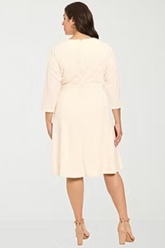 London Times Sugar Ivory 3/4 Sleeve A-Line Midi Dress