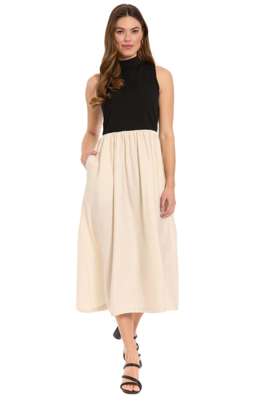 London Times Cream and Black Two-Tone Sleeveless Midi Dress