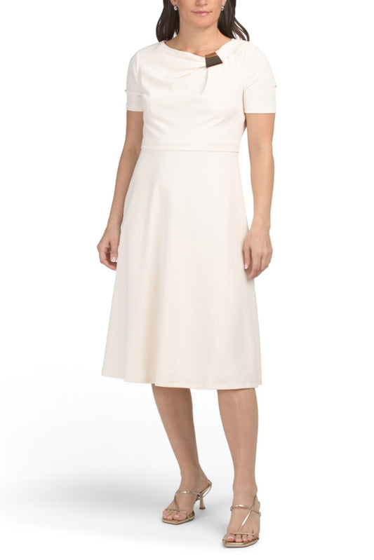 London Times Sugar Ivory Hardware Neck Fit & Flare Midi Dress