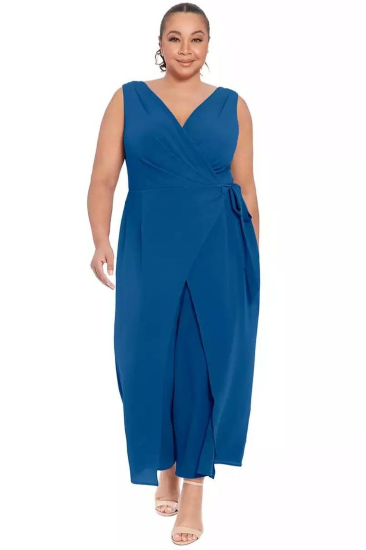 London Times Front Leg Slit Wrap Style Jumpsuit
