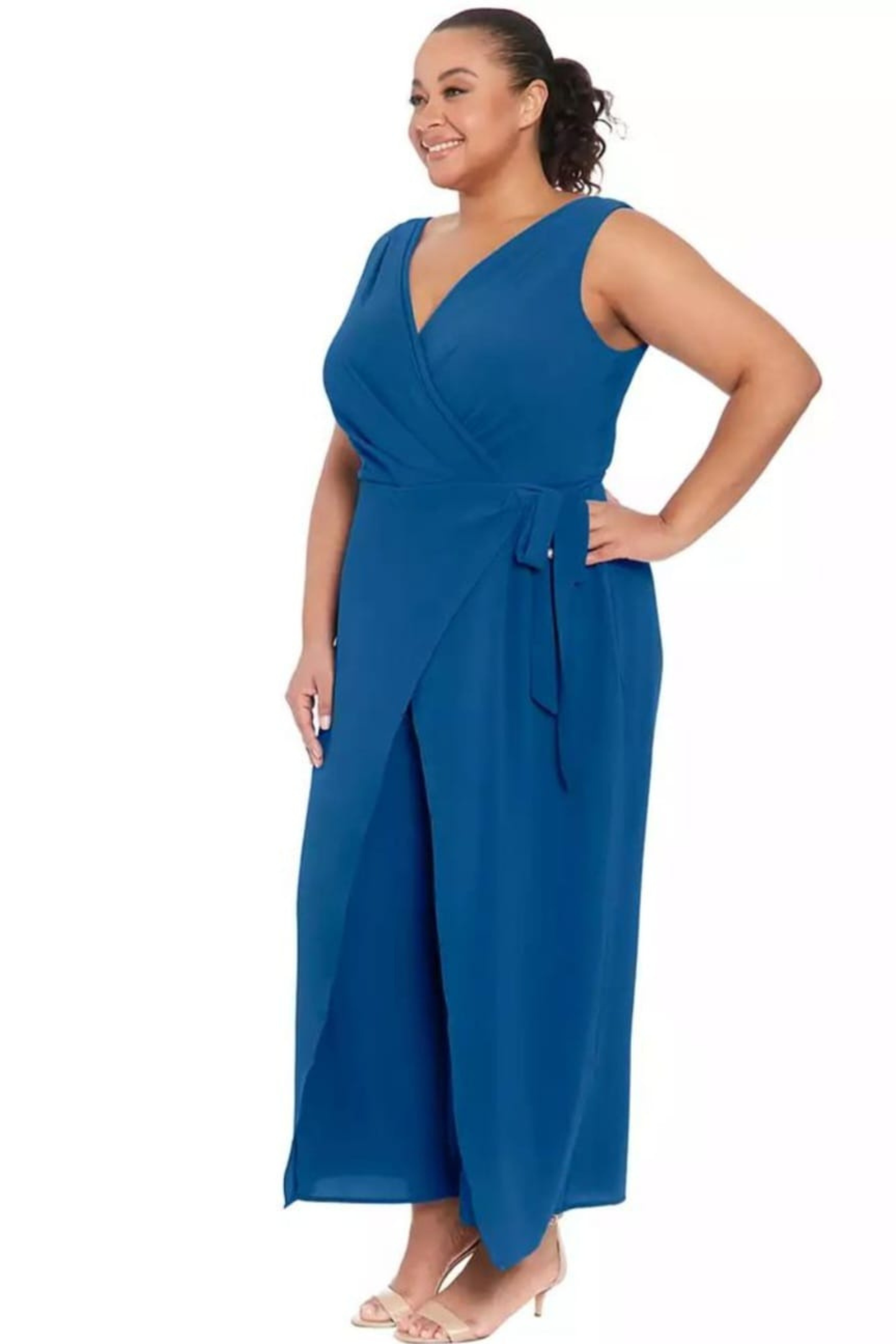 London Times Front Leg Slit Wrap Style Jumpsuit