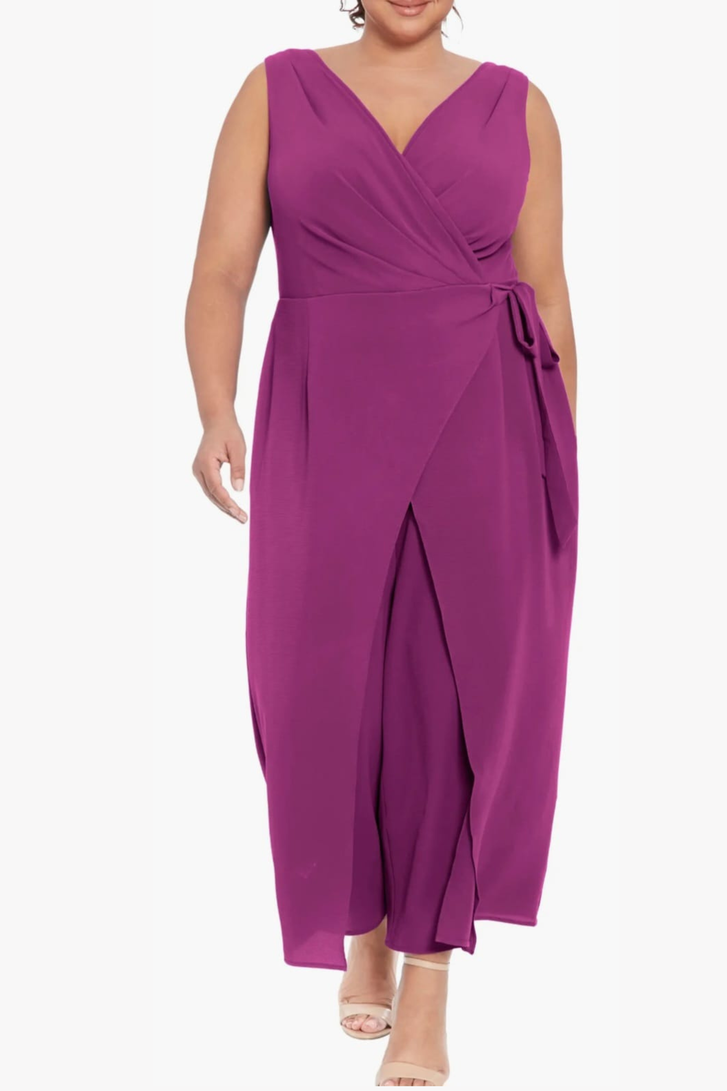 London Times Front Leg Slit Wrap Style Jumpsuit