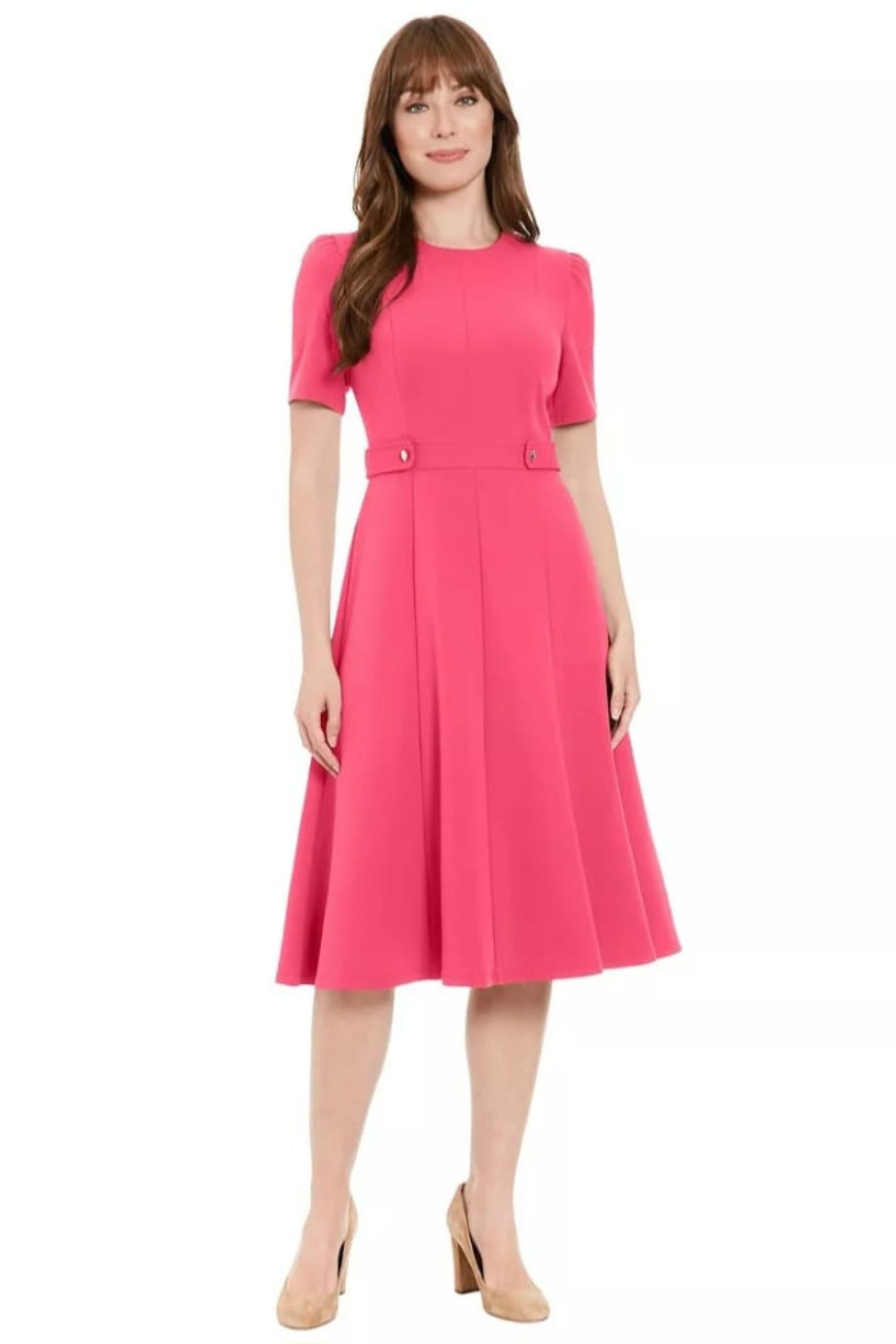 London Times Short-Sleeve Button Waist Midi Dress