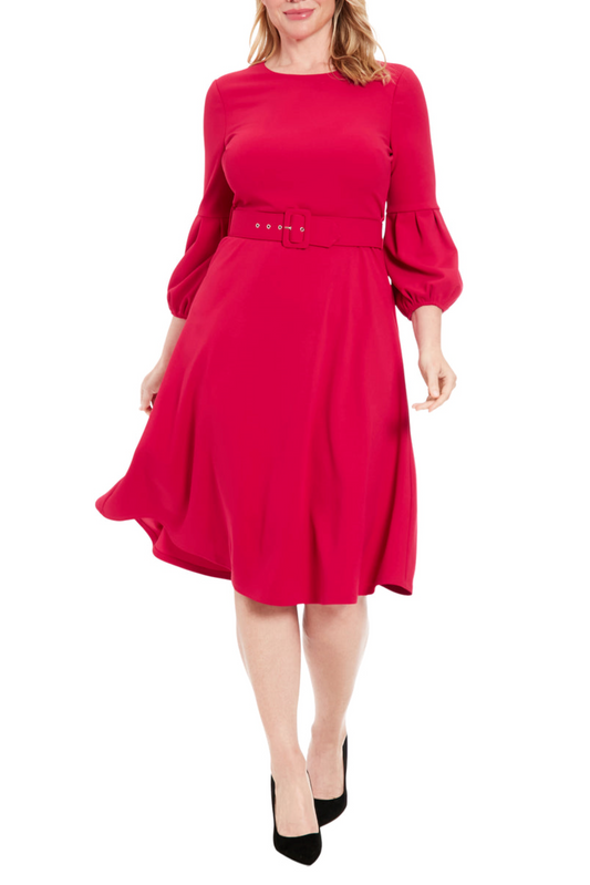 London Times 3/4 Half-Pleated Sleeve Belted Dress