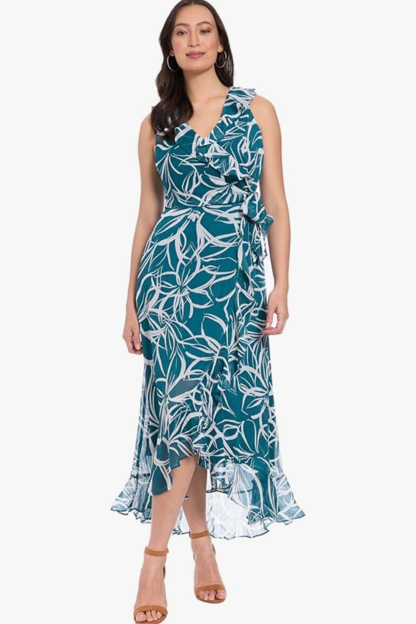 London Times Multi Print Faux Wrap Hi-Lo Dress