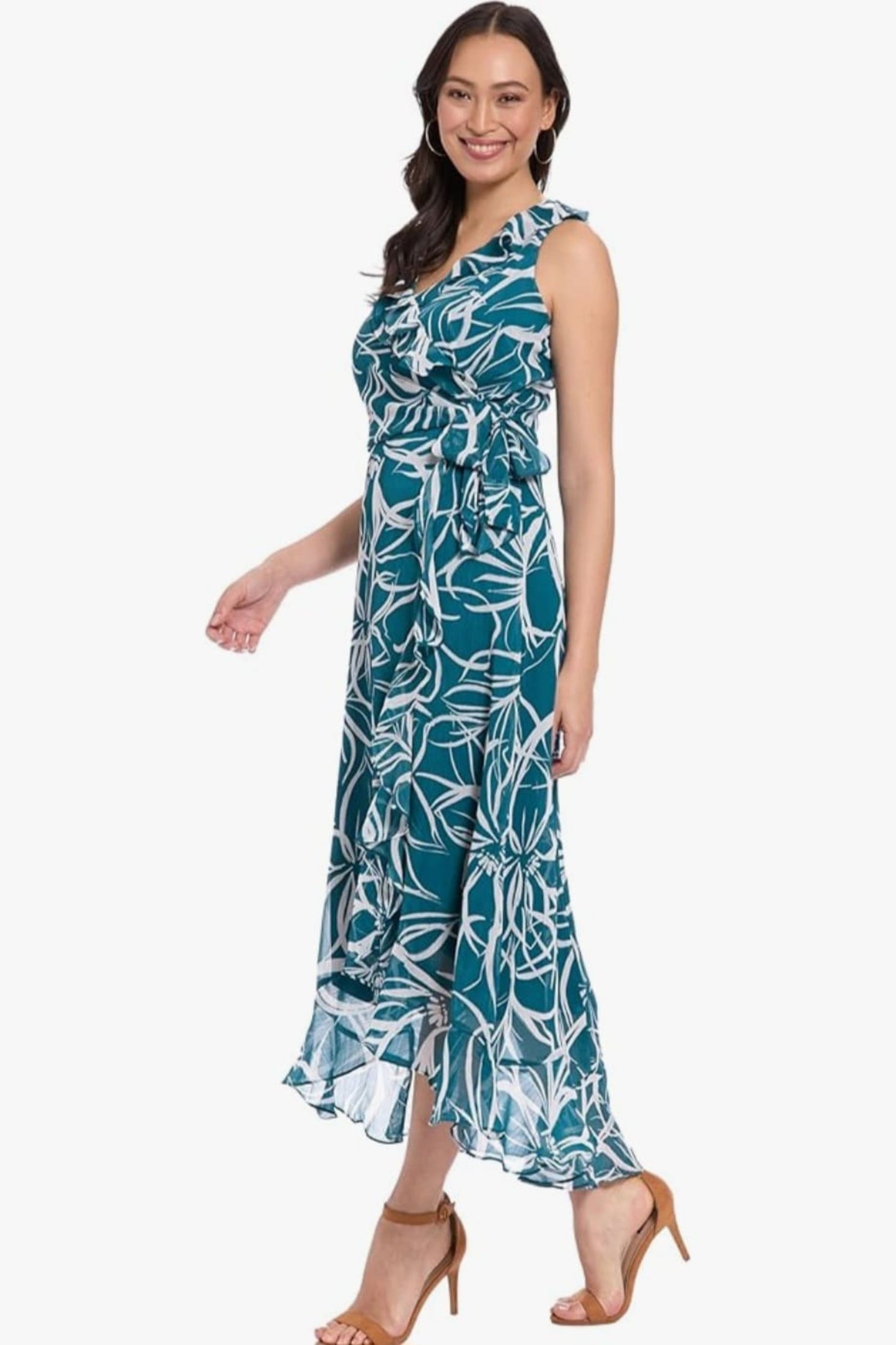 London Times Multi Print Faux Wrap Hi-Lo Dress