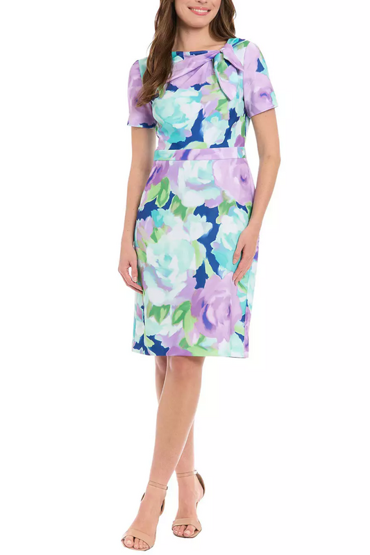 London Times Floral Print Bow Neck Sheath Dress