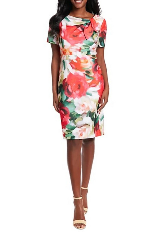 London Times Floral Print Bow Neck Sheath Dress