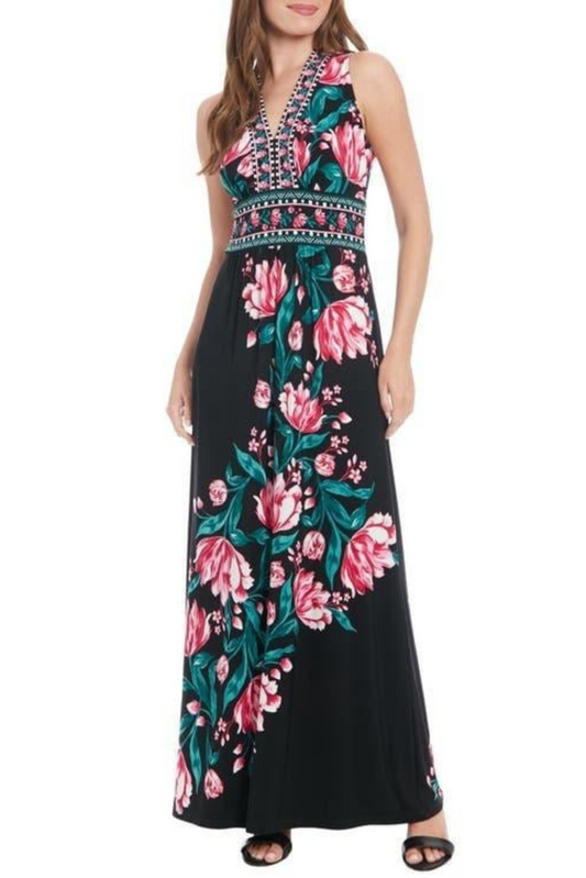 London Times Black Pink Flower Print Maxi Dress