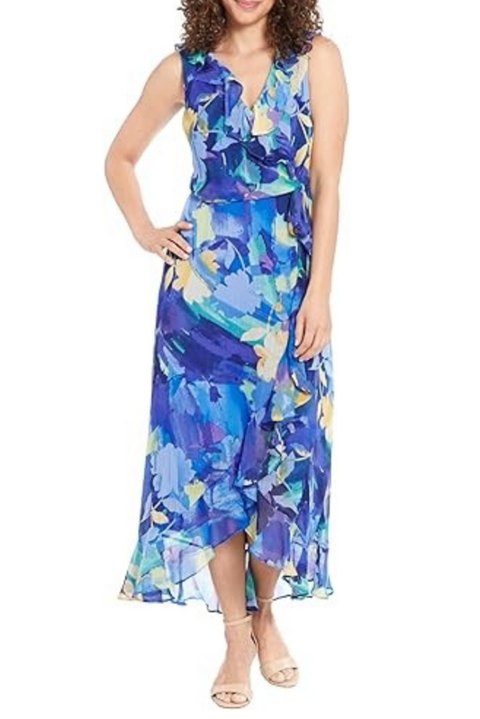 London Times Blue Flower Print Faux Wrap Midi Dress