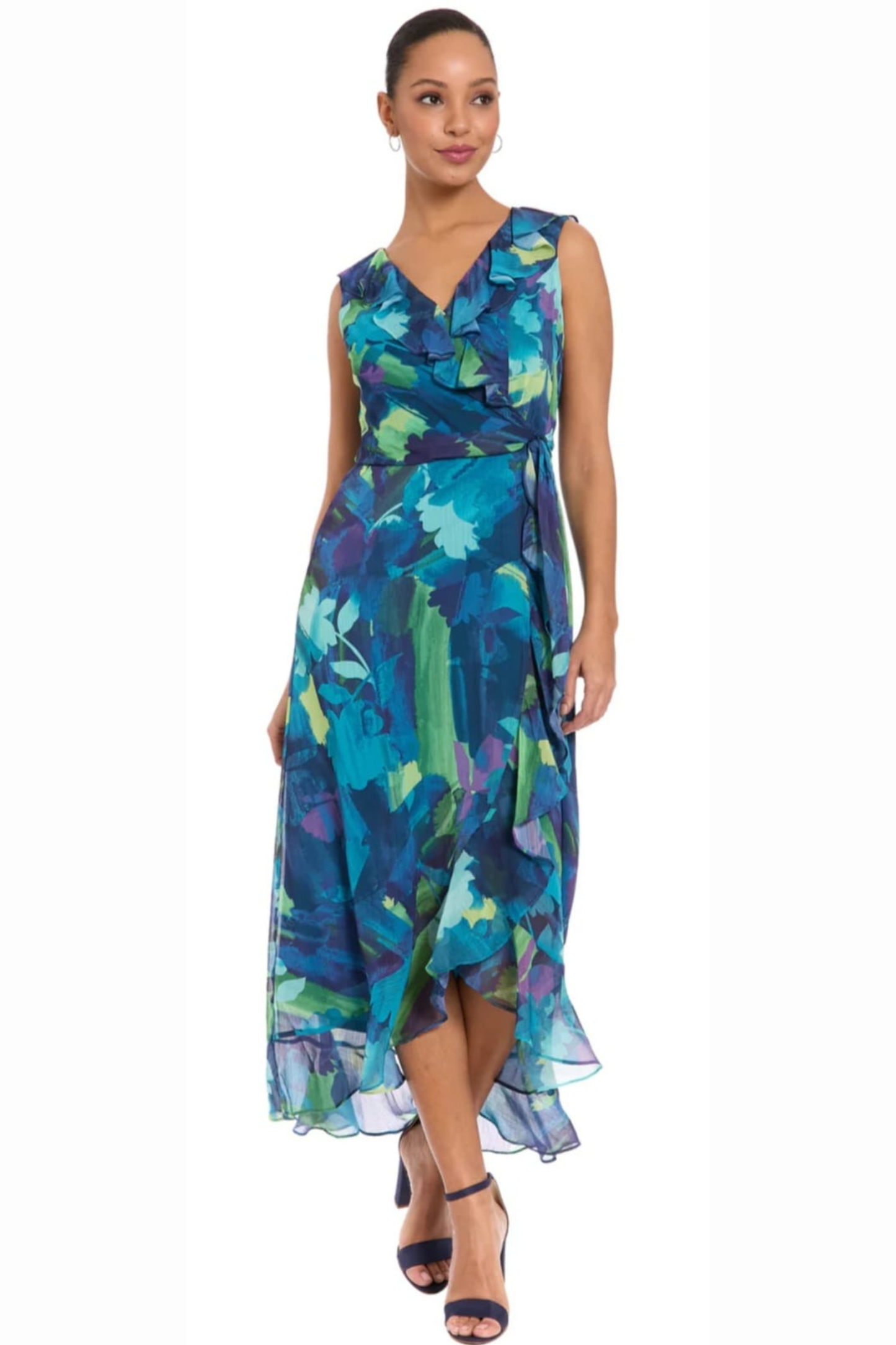 London Times Flower Print Faux Wrap Midi Dress