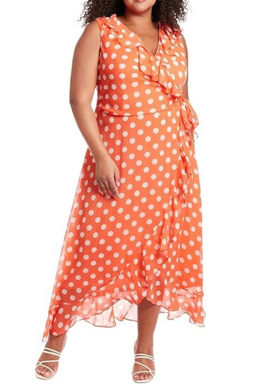 London Times Orang Whtie Polkadot Faux Wrap Midi Dress