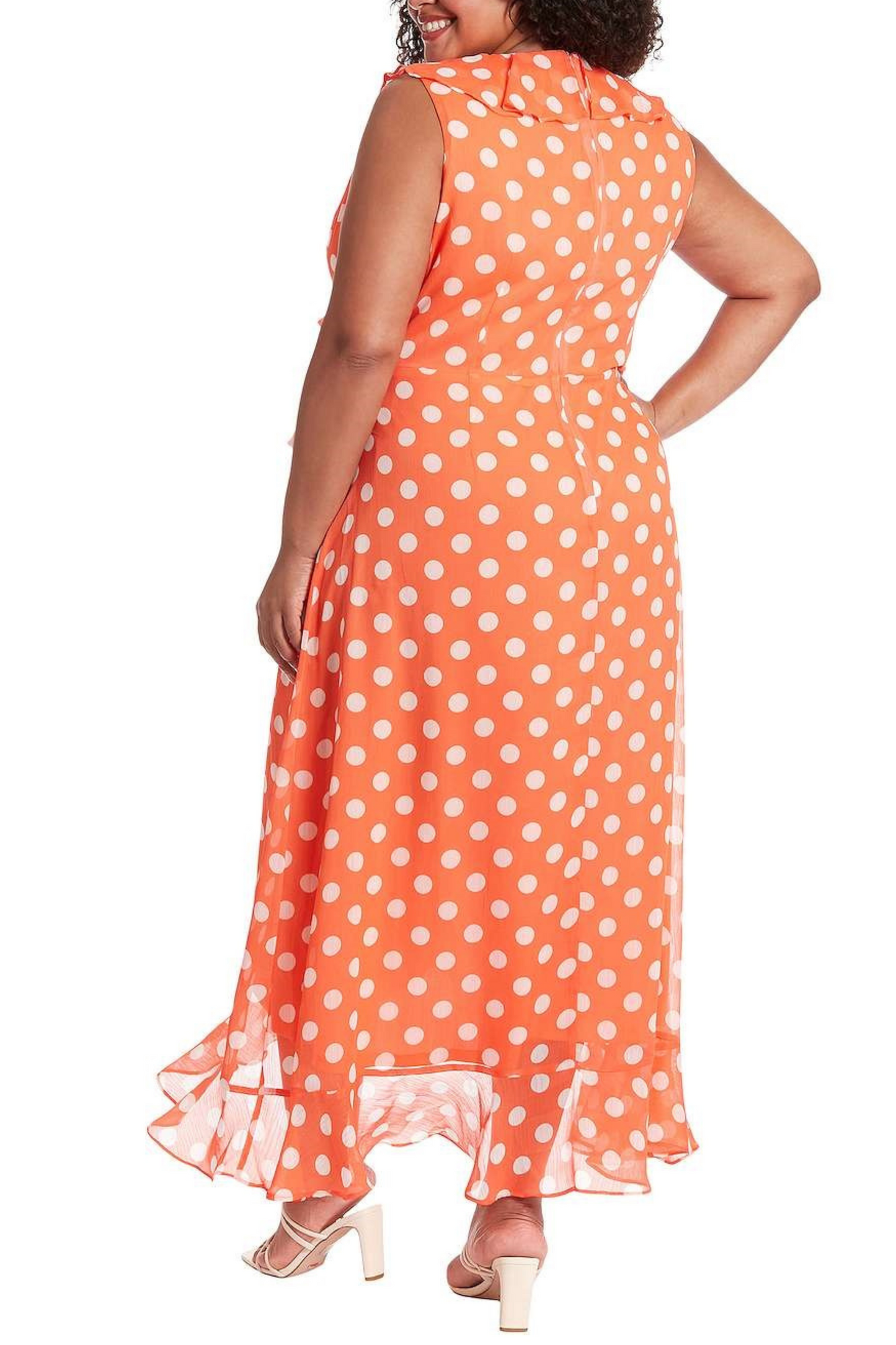London Times Orang Whtie Polkadot Faux Wrap Midi Dress