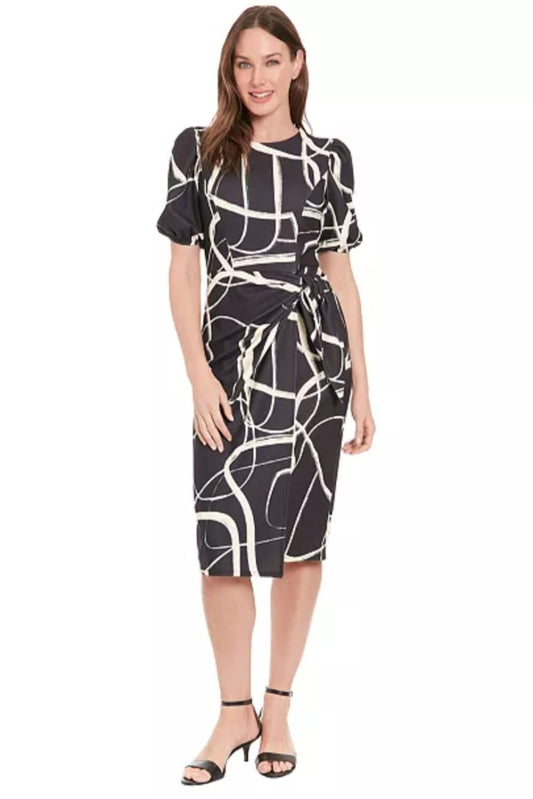 London Times Black and Cream Abstract Print Puff-Sleeve Wrap Dress