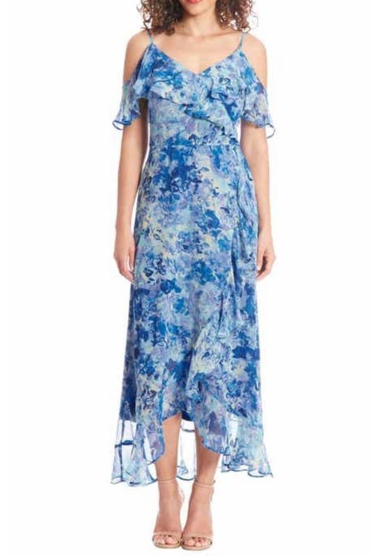 London Times Aqua Blue Flower Print Midi Dress