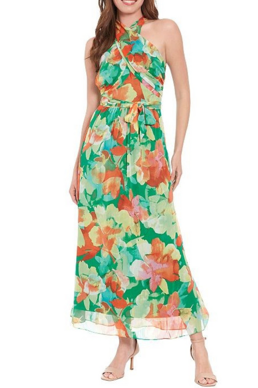 London Times Flower Print Cross Neck Maxi Dress