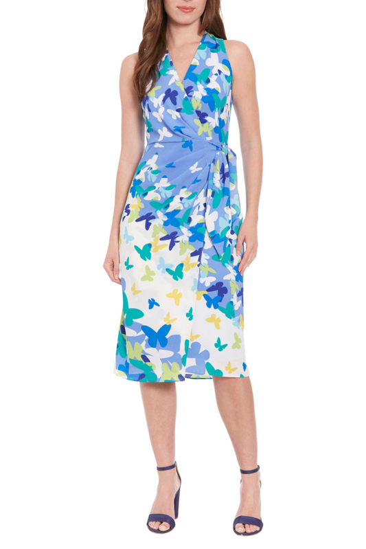 London Times Butterfly Print Sleeveless Dress