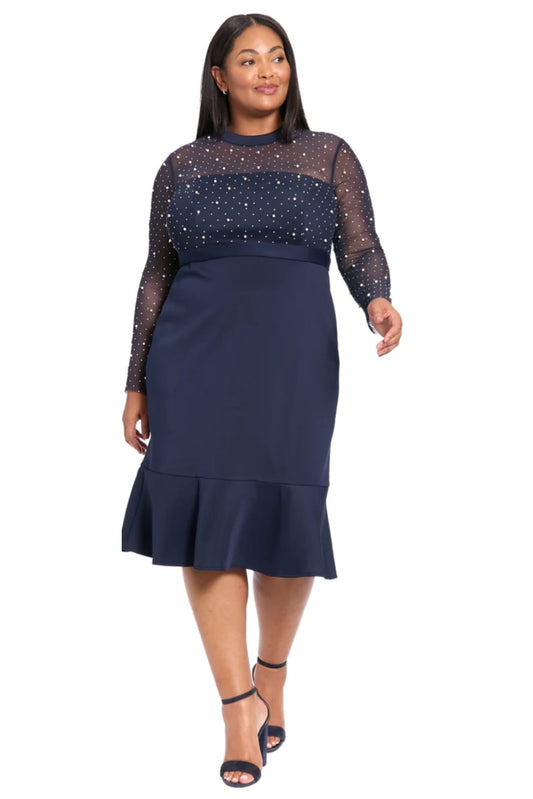 London Times Pearl Illusion Mock Neck Midi Dress