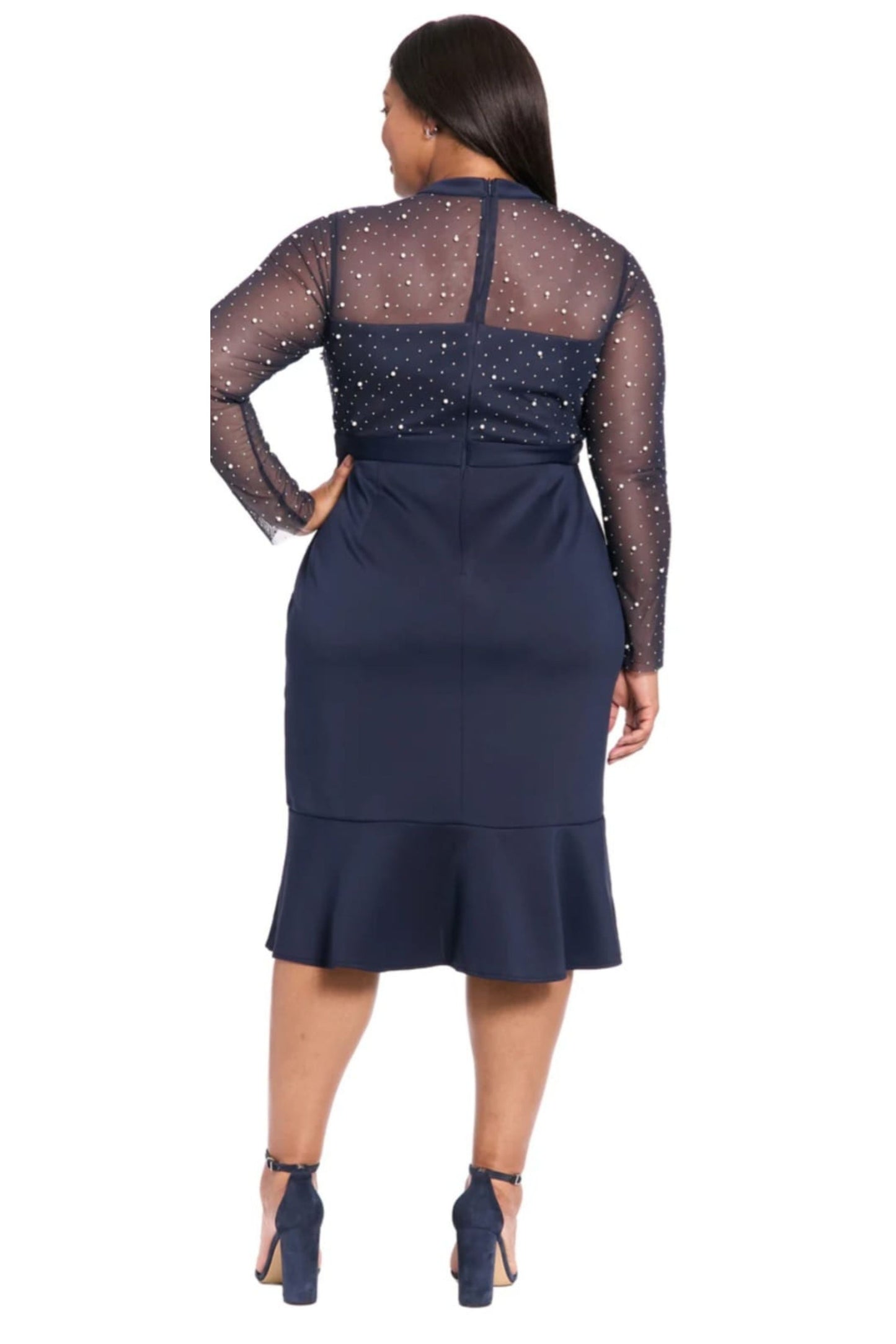 London Times Pearl Illusion Mock Neck Midi Dress
