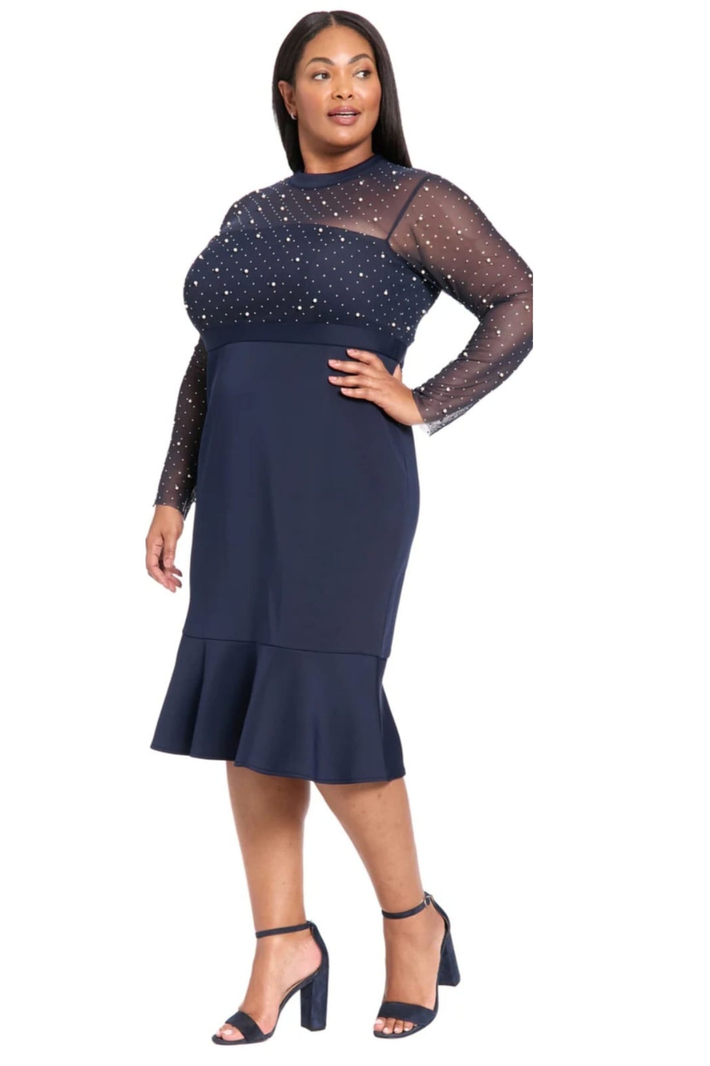 London Times Pearl Illusion Mock Neck Midi Dress