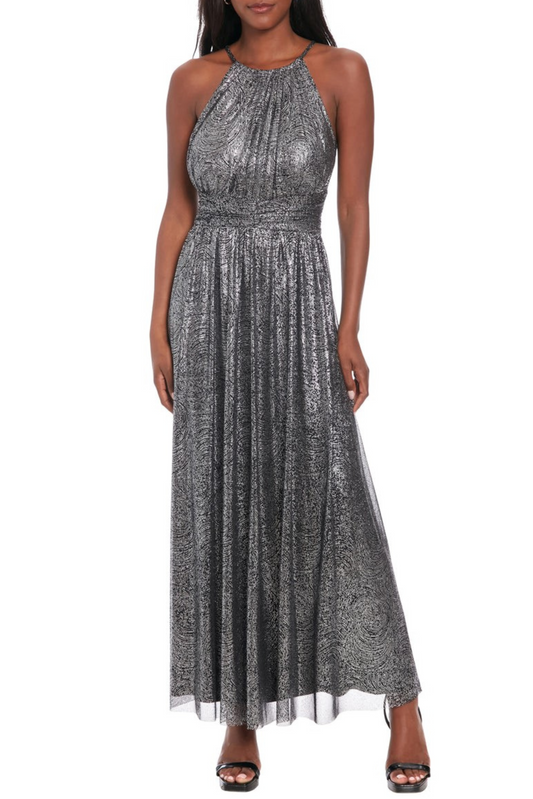 London Times High Neck Metallic Evening Maxi Dress