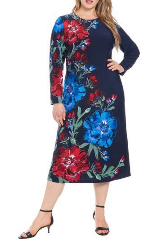 London Times Long Sleeve Flower Print Midi Dress (PLUS)