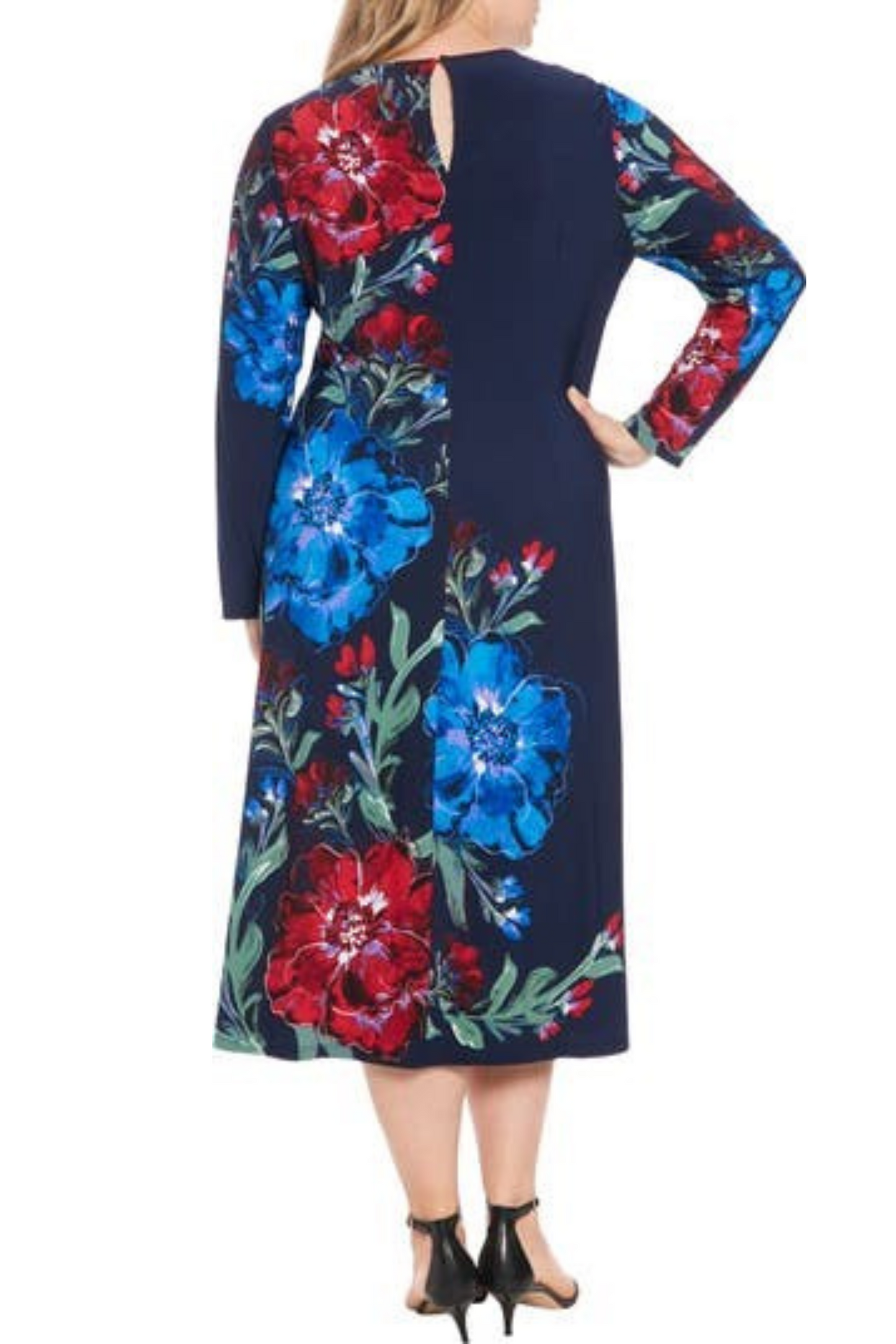 London Times Long Sleeve Flower Print Midi Dress (PLUS)