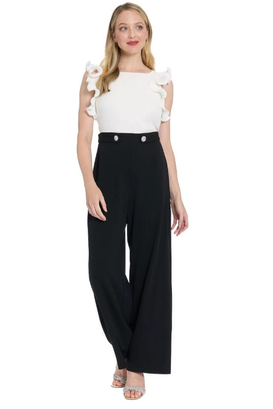 London Times White and Black Ruffle Wide-Leg Jumpsuit