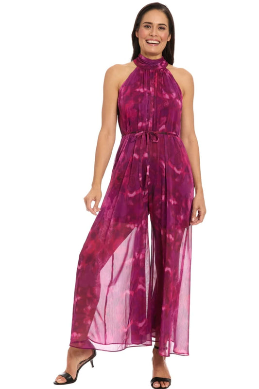 London Times Pink Plum Abstract Floral Chiffon Halter Jumpsuit