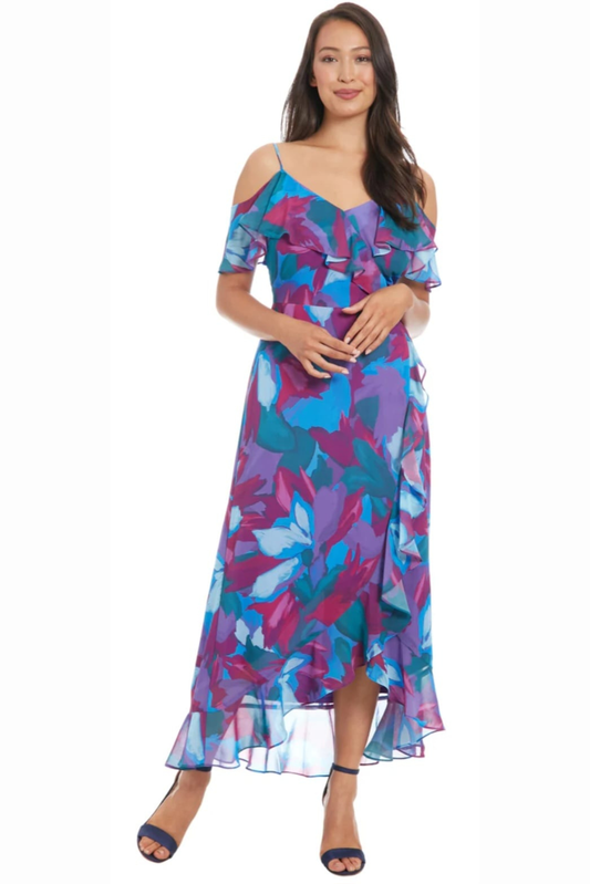 London Times Blue Jade Floral Flutter Sleeve Midi Dress