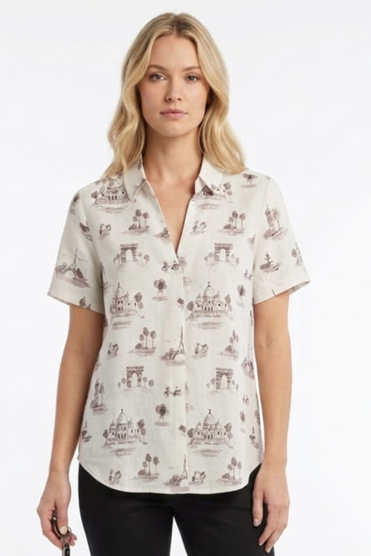 Hester & Orchard Sepia Paris Sketch Linen-Blend Blouse