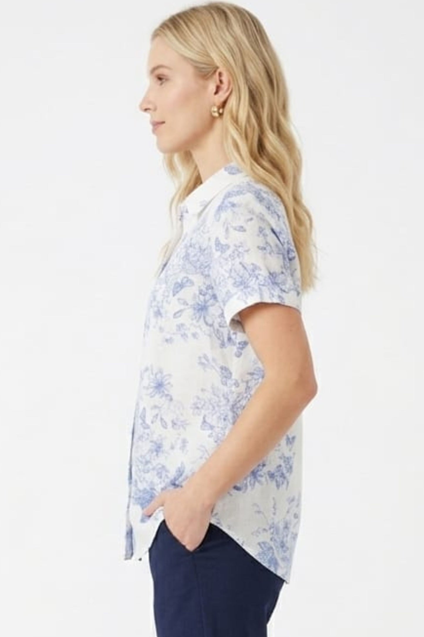 Hester & Orchard Ivory Blue Toile Linen-Blend Blouse