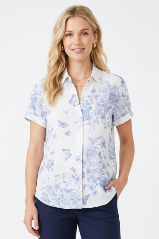 Hester & Orchard Ivory Blue Toile Linen-Blend Blouse