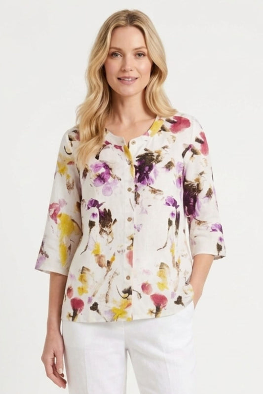 Hester & Orchard Watercolor Floral Button-Front Blouse