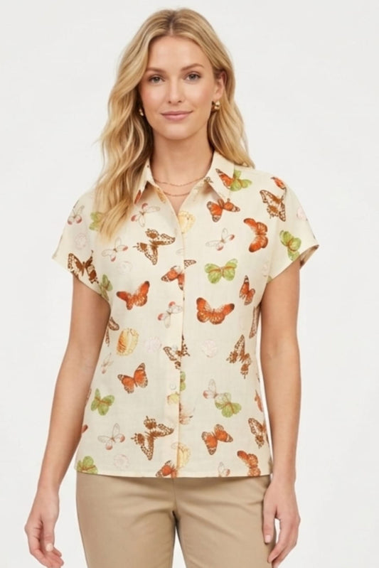 Hester & Orchard Vintage Butterfly Print Linen-Blend Blouse