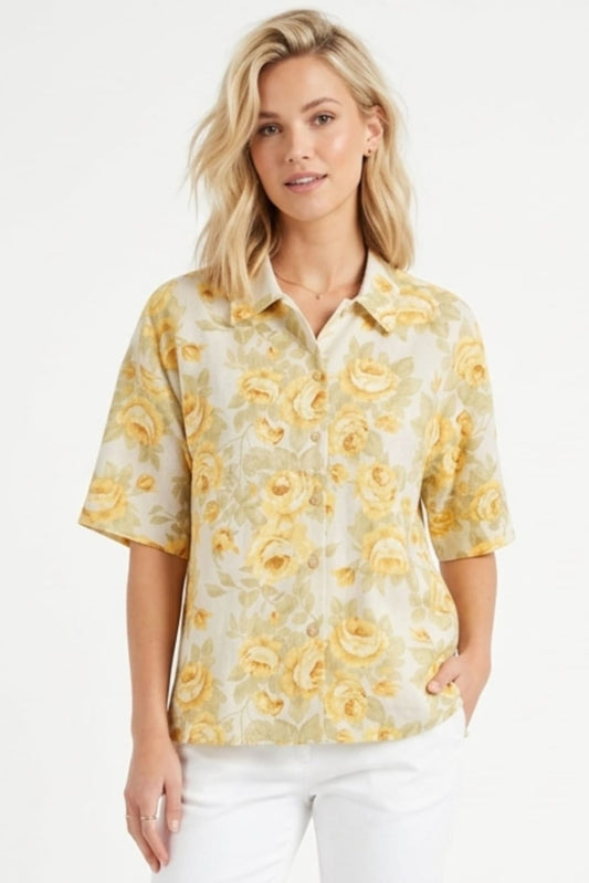 Hester & Orchard Yellow Floral Linen-Blend Blouse