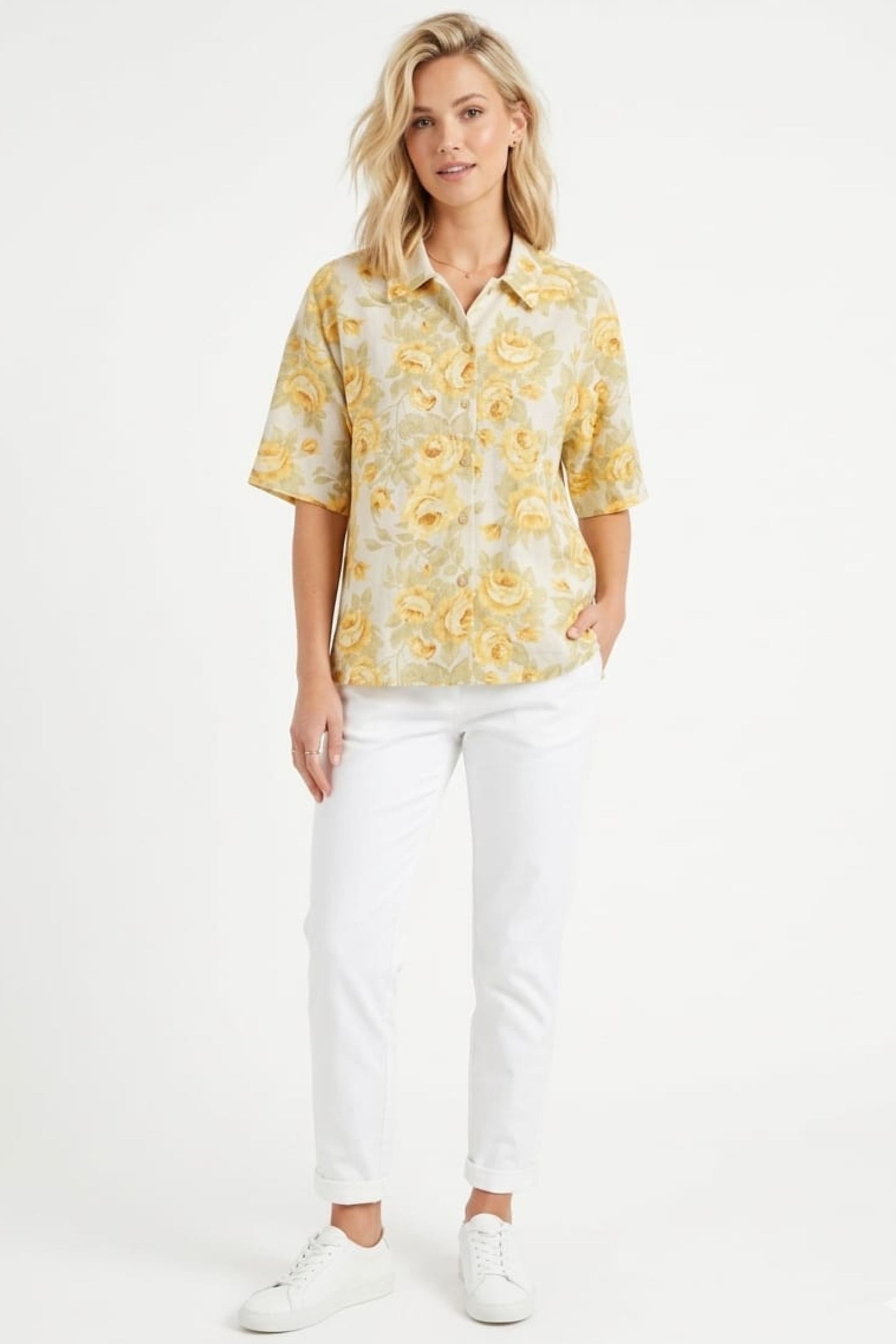 Hester & Orchard Yellow Floral Linen-Blend Blouse