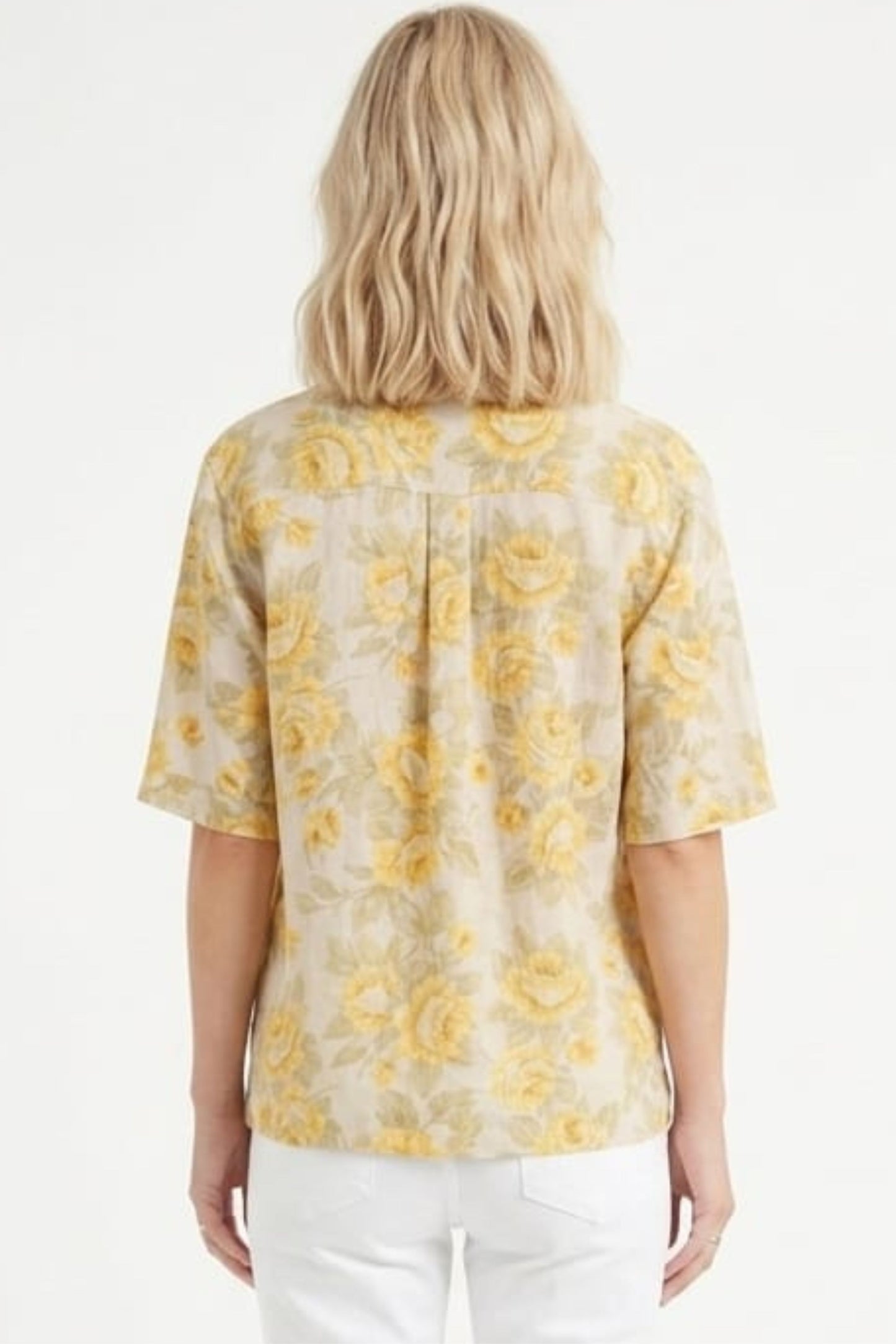Hester & Orchard Yellow Floral Linen-Blend Blouse