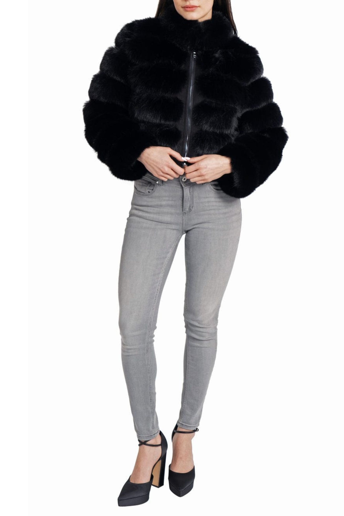 Love Token Faux Fur Zip Up Crop Jacket