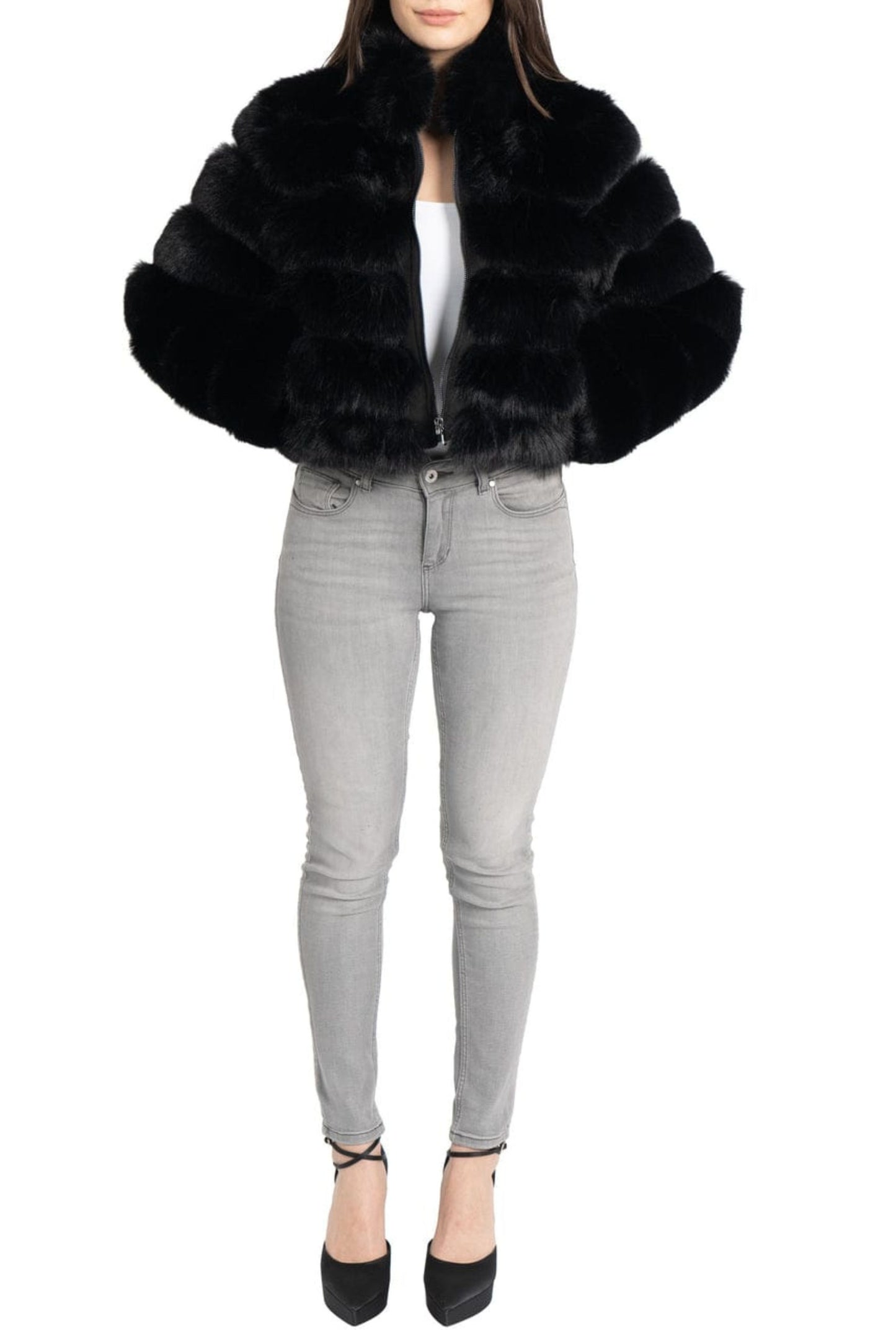 Love Token Faux Fur Zip Up Crop Jacket