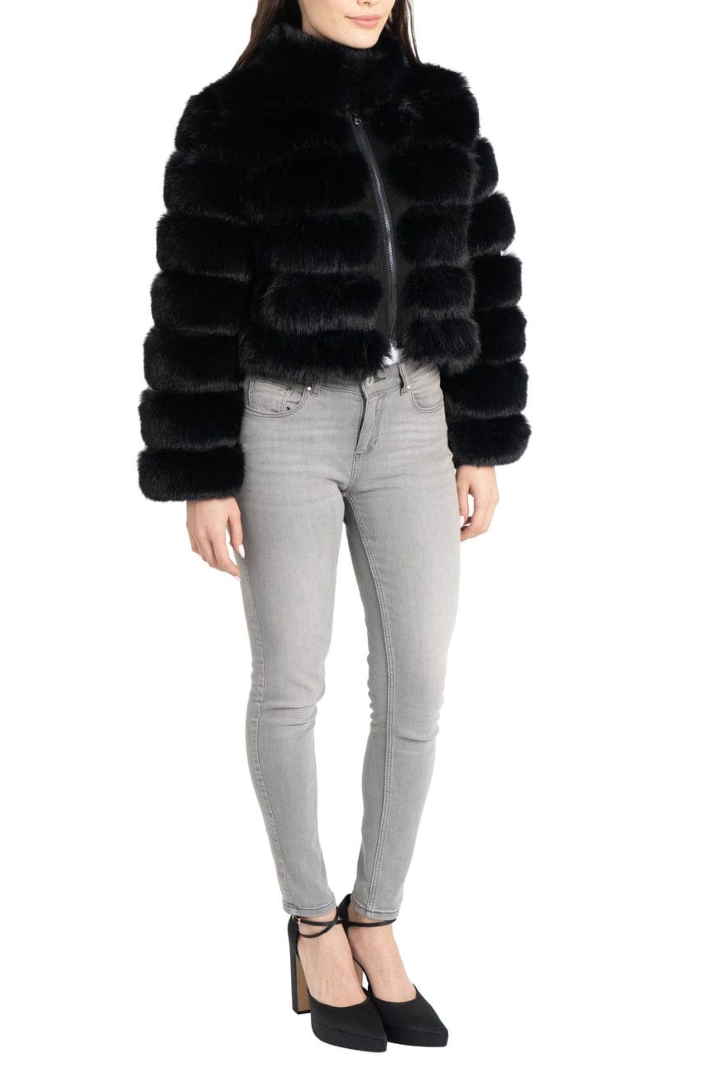 Love Token Faux Fur Zip Up Crop Jacket